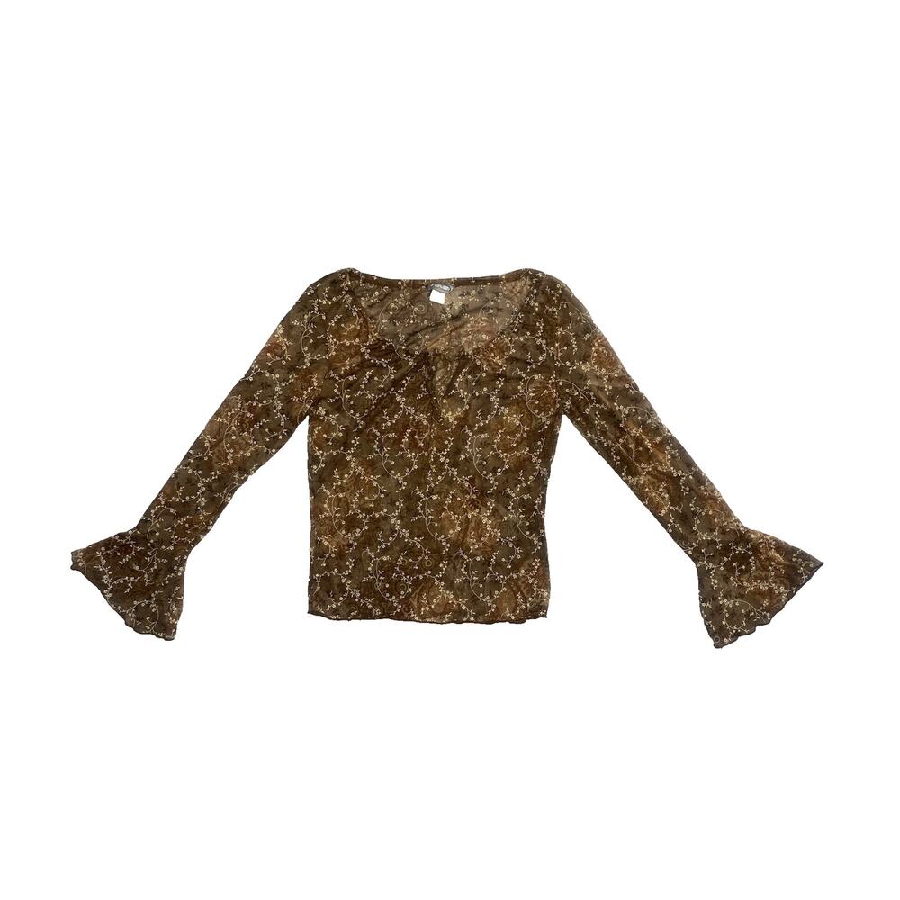 RAVE Blouse Womens Large Brown Floral Mesh Y2K VNTG Peasant Bell Sleeve Shirt